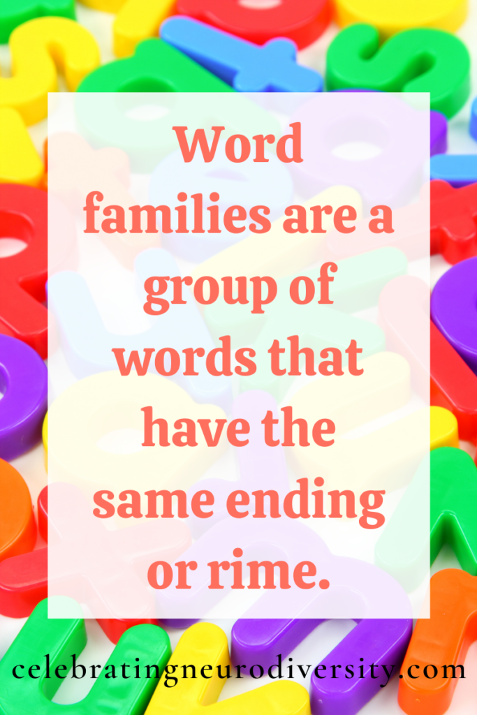A definition of what word families are. Word families are a group of words that have the same ending or rime.