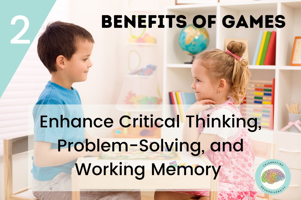 Games can help increase working memory. Students must remember details and think and act quickly. Students also have to plan, work through, and be strategic problem solvers.