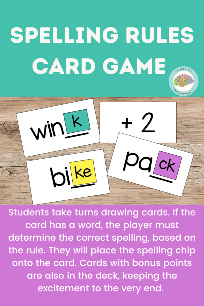 Students take turns drawing cards. If the card had a word, the player must determine the correct spelling, based in the rile. They will play the spelling chip onto the card. Cards with bonus points are also in the deck, keeping the excitement to the very end.