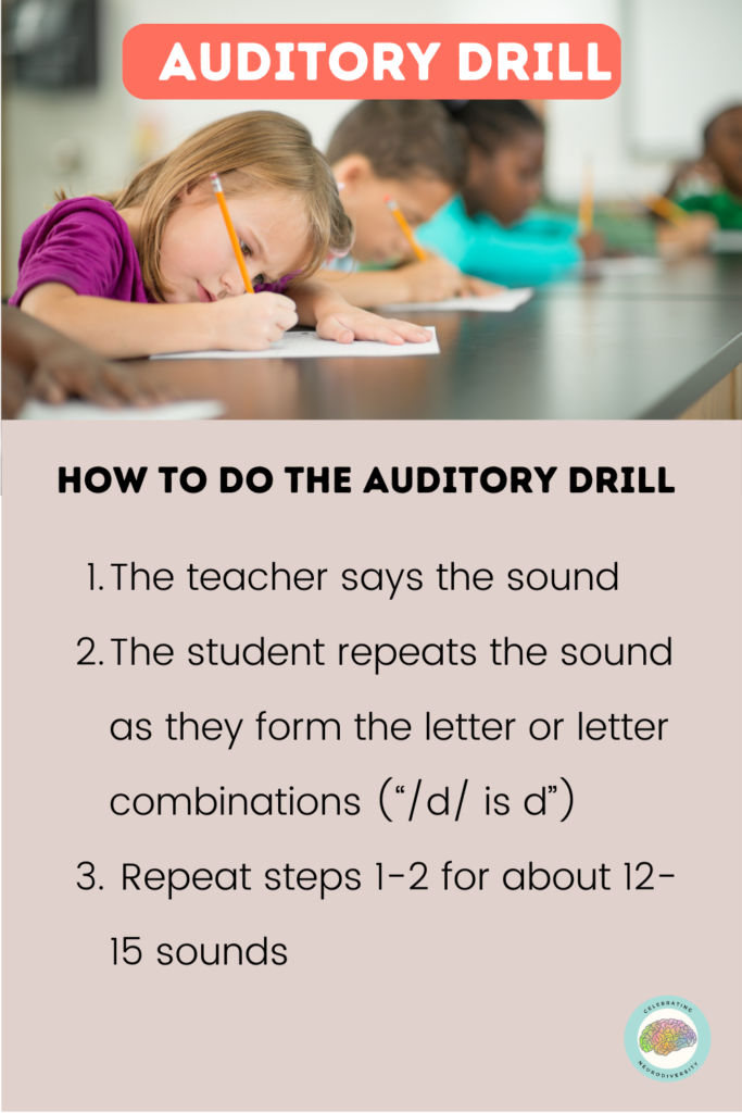 The auditory drill is done to review and reinforce grapheme-phoneme correspondence by connecting a sound with a letter and building the automaticity of these associations. This skill is critical for reading and spelling success because it helps students understand the sound-symbol relationships in words.