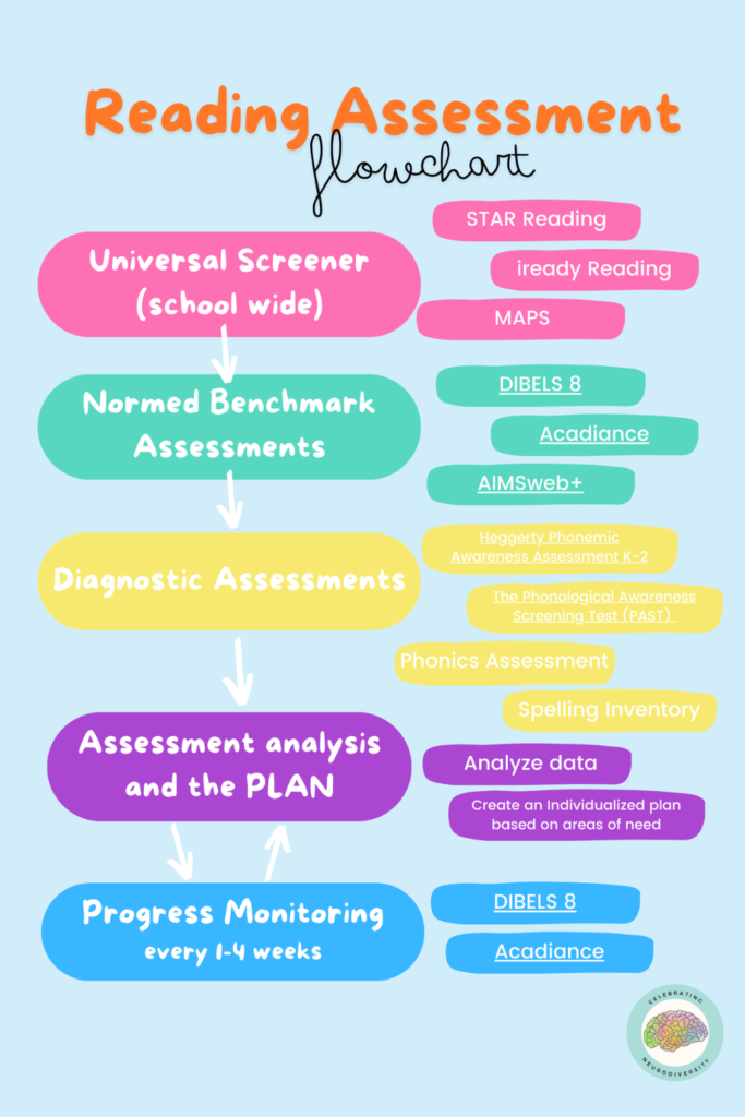 Reading Assessment flowchart for the beginning of the school year with suggested assessments