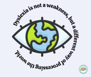 dyslexia is not a weakness but a different way of processing the world text around and eye that hs the world inside